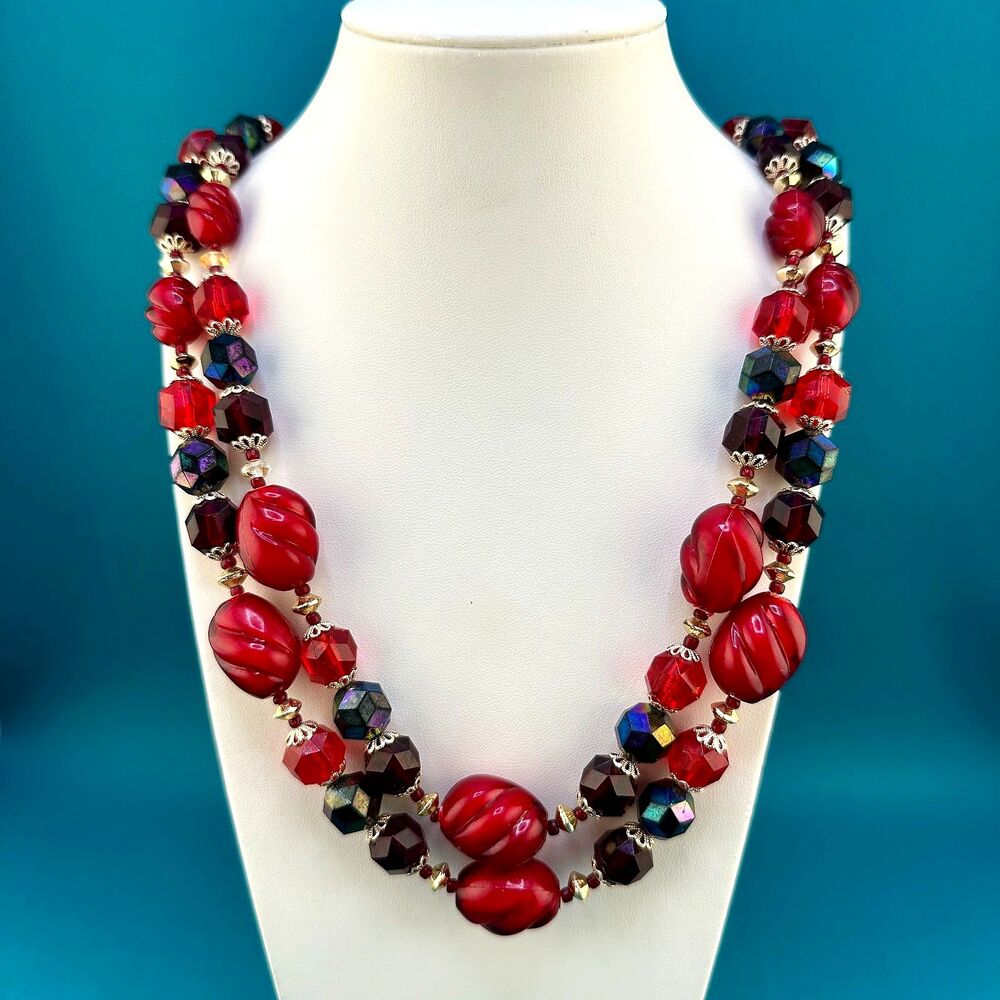 Vintage Beaded Necklace West Germany 2 Strand AB Red Purple Lucite Acrylic 24"